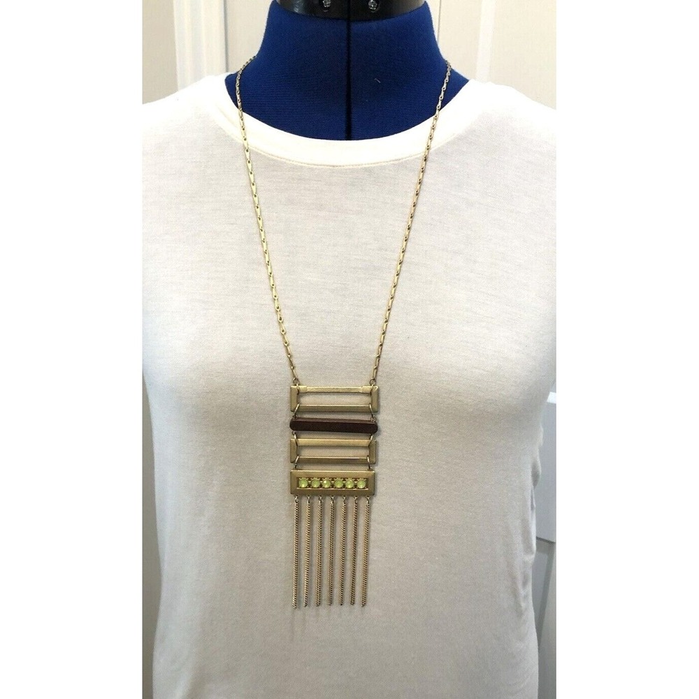 Unique Statement Gold Tone Necklace with Pendant Wood Rhinestone Dangle Boho Art